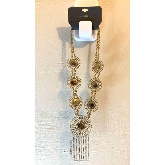 EXPRESS Metallic Gold Tone Tribal Boho Circle Station Statement Necklace 21" NEW - Picture 2 of 6